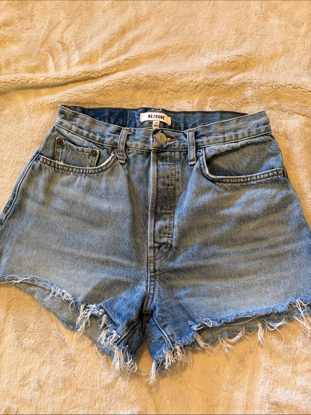 Re/Done Light Blue High-Rise Frayed Hem Denim Shorts